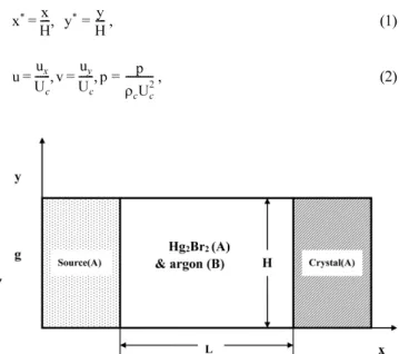 Fig. 1. Schematic and coordinates for modeling and simulation of PVT crystal growth reactor of Hg 2 Br 2 (A) and argon (B)