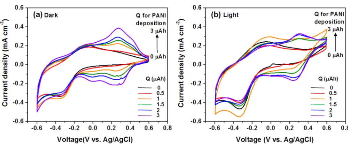 Fig. 2 에서는 WO 3 와 PANI/WO 3 의 cyclic voltammetry (CV) 를 빛의 유무 조건에서 측정, 비교하였다. 전압 범위는 -0.6 V~0.6 V (vs