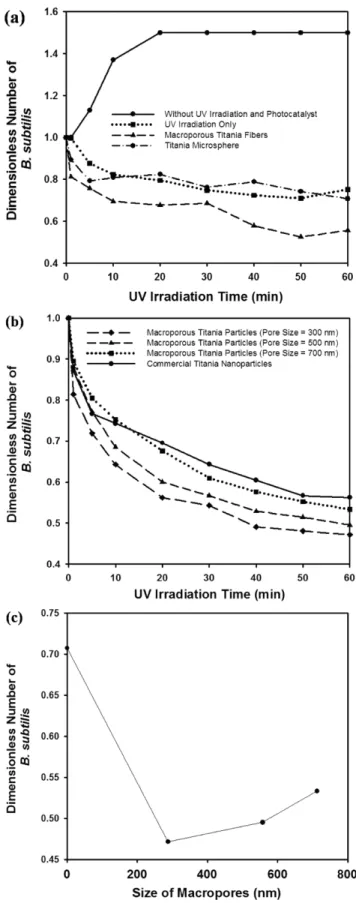 Fig. 7. (a) Dimensionless number of B. substilis without using UV lamps and titania photocatalyst
