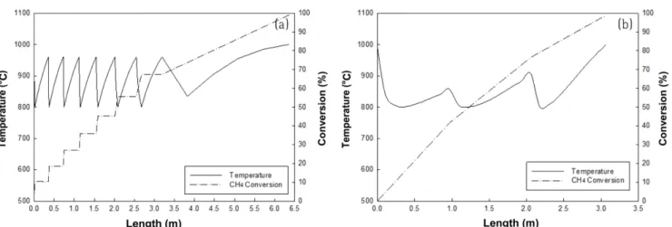 Fig. 13. Composition profiles in proposed reactors: (a) packing catalyst with different length by section; (b) packing catalyst with different den- den-sity by section.
