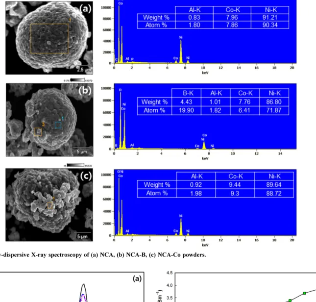 Fig. 4. (a) Particle size distributions and (b) electrical conductivity NCA, NCA-B, NCA-Co powders