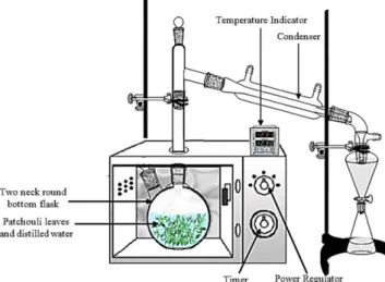 Fig. 2. The experimental setup for extraction of patchouli oil by microwave hydrodistillation method.