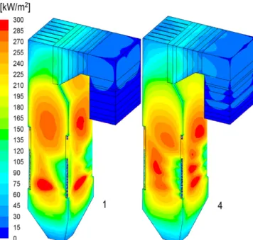 Fig. 10. Total heat flux on the wall in Cases 1 and 4. 