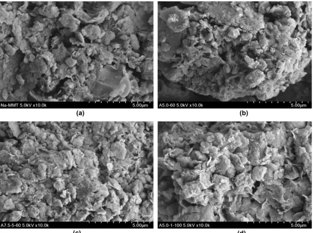 Fig. 1. SEM image of Na-MMT-K(a) and S-Na-MMT-K(50-A-5.0-5-60(b); 50-A7.5-5-60(c); 50-A-5.0-1-100(d)).