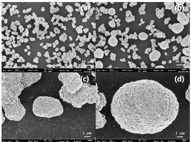 Fig. 1. FE-SEM images of commercial NCA powders; (a) and (c) are analyzed with NCA#1 at low and high magnifications