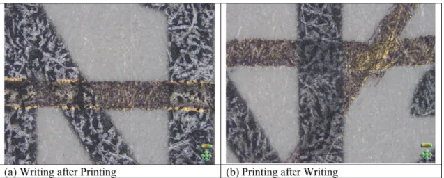 Fig. 6. Overlapping region images between printing and writing by water-based ink under co-axial light.