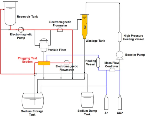 Fig. 3. Schematic diagram for the plugging experiment (red: sodium flow, blue: gas).