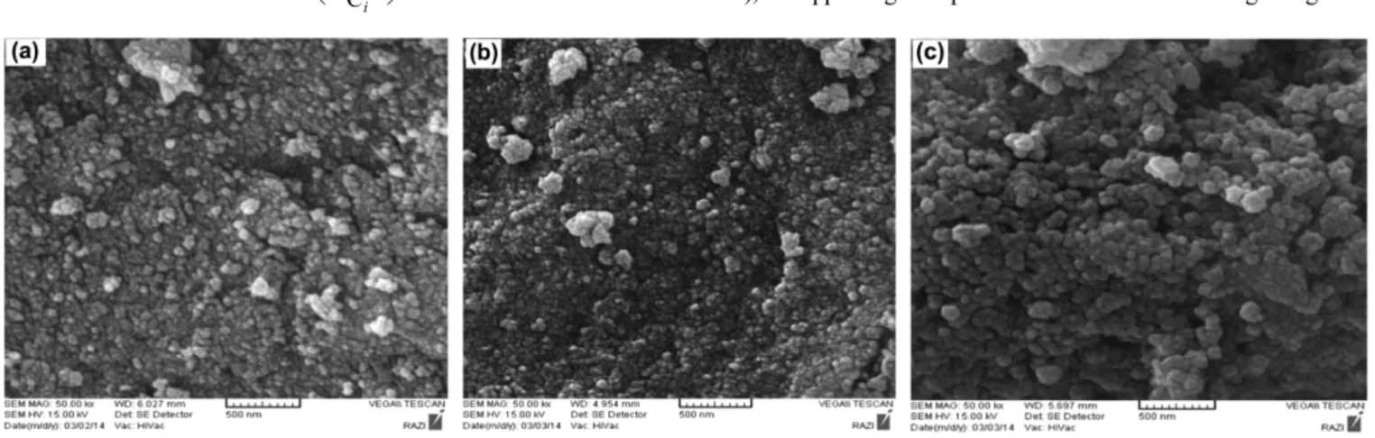 Fig. 2. SEM images of (a) Fe 3 O 4  NPs, (b) Fe 3 O 4  NPs-SDS and (c) Fe 3 O 4  NPs-SDS-TTFA.