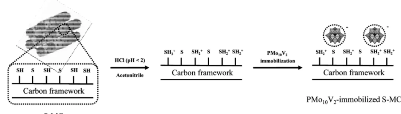Fig. 1. Schematic procedures for the surface modification of S-MC and the subsequent immobilization of PMo 10 V 2  on the S-MC support.