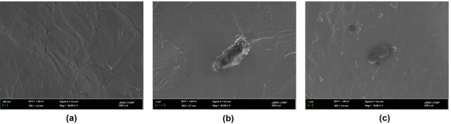 Fig. 8. SEM images of PU/MWCNTs and PU/CB composite: (a) PU, (b) pristine MWCNTs (0.4 wt%), (c) carbon black (0.4 wt%).