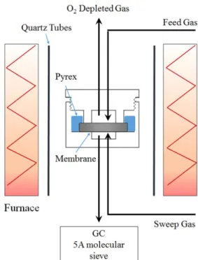 Fig. 1 은 Ba 0.5 Sr 0.5 Co 0.8 Fe 0.2 O 3-δ  분리막의 산소투과실험에 사용된 투과장치이다. 투과장치내의 가스 누출을 최소화하기 위해 3개의 각 각 외경이 다른 Pyrex ring을 자체 가공하여 투과장치 내부에 고정 시킨 후 1 o C/min 으로 950 o C 까지 승온하여 2시간 동안 유지하여 pyrex 를 용융시켰다