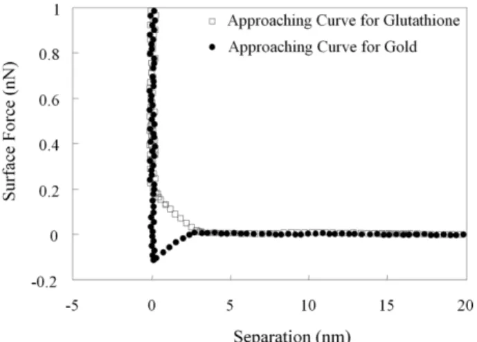 Fig. 4. Approaching force curve as a function of the separation between the sphere and the surface of the zirconium dioxide in 1, 10, 100 mM potassium nitride at pH 4.