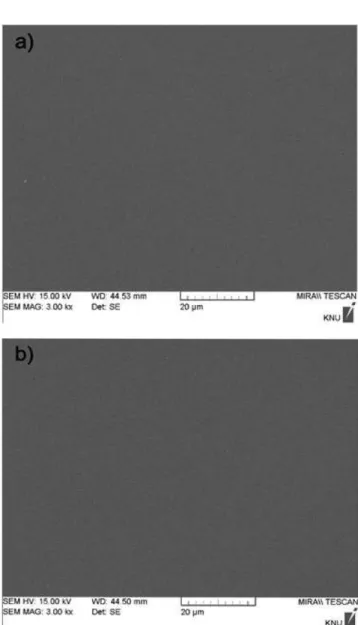Fig. 6. SEM photomicrographs of the coating surface of polycar- polycar-bonate sheets spin-coated with solutions in Table 1; (a) MA1 and (b) MV3.
