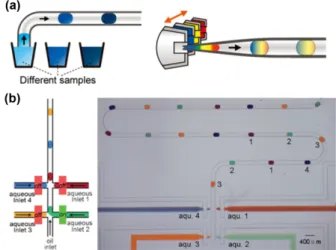 Fig. 2. Generation of multi-component droplet method. (a) Sequential injection of solution  [30] and (b) On demand generation using microvalve at separated injection microchannels [31].