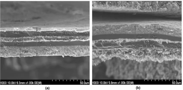 Fig. 8. SEM images of MEA in dead-end type PEMFC after start-up and shut-down with dummy loader at RH 50%, (a) without water feeder, (b) with water feeder