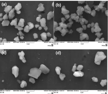 Fig. 4. SEM images of TiO 2  powders synthesized at temperature 100 o C, concentration of Ti(SO 4 ) 2  1.0 M, different pH  condi-tion: (a) pH 6.0, (b) pH 8.0, (c) pH 10.0, (d) pH 12.0.