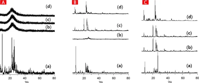 Fig. 3. Scanning electron micrograph of the obtained aluminosili- aluminosili-cates: (a) PI, (b) MPI, (C) DMPI and (d) TMPI