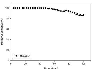 Fig. 14. Time-dependent behavior of removal efficiency of H 2 S of R reactor.