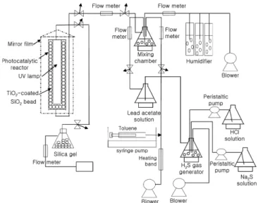 Fig. 1. Schematic diagram of improved photo-catalytic reactor fed with synthetic contaminated air containing hydrogen sulfide and toluene.