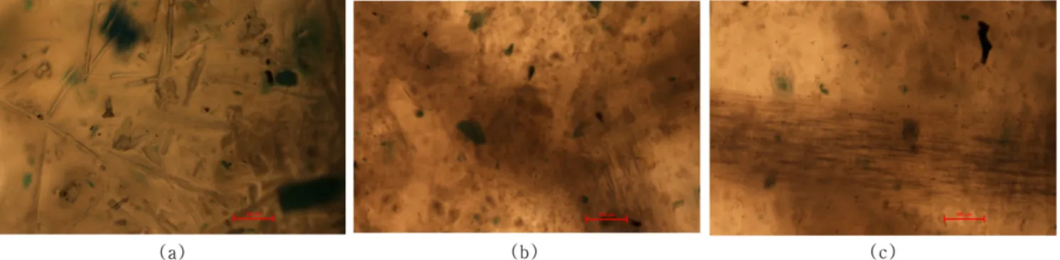 Fig. 8. Optical photographs of recycled glass fibers reinforced unsaturated polyester: (a) attrition mill for 1 h, (b) attrition mill for 2 h, (c) ultra- ultra-sonic cleansing for 12 h (attrition mill for 2 h).