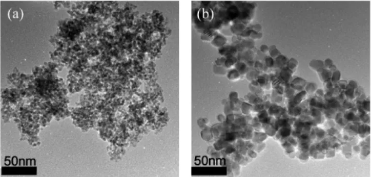 Fig. 1. TEM images of ceria particles synthesized in (a) methanol and (b) water without surface modifier at 400 o C and 30 MPa.