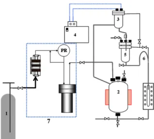 Fig. 3. Schematic diagram of high-pressure Soxhlet extraction appara- appara-tus; (1) CO 2  bomb, (2) CO 2  Chamber and re-boiler, (3)  con-denser, (4) circulator, (5) extractor, (6) siphon arm, and (7) gas booster pump.