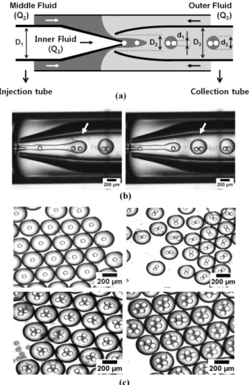 Fig. 2. Generation of multiple emulsions with control of number of inner droplets. (a) Schematics of the microfluidic capillary device