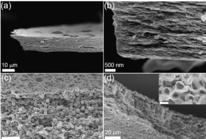 Fig. 1. Cross-sectional SEM images for packing graphene film (a and b), polystyrene/graphene film (c), and porous graphene film (d)