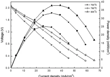Fig. 7. Performance of segmented-in-series SOFC two cell sub-module operated at different temperatures.