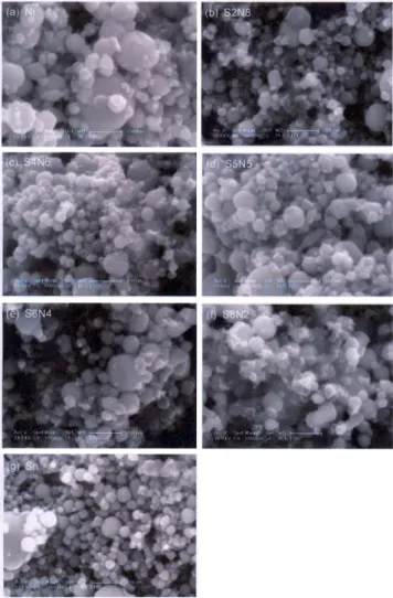 Fig. 1. Surface images of Sn-Ni nanocomposite electrodes (×100,000):