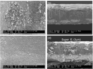 Fig. 3. SEM images of KS-6-coated lithium electrode (a,b) before and (c,d) after the double-roll pressing: (a,c) surface and (b,d) cross-section.