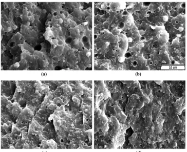 Fig. 4. Scanninig electron micrographs of the PP/PCL (90/10) blends with SEBS-g-MAH content; (a) 0phr, (b) 1phr, (c) 3phr, (d) 5phr.
