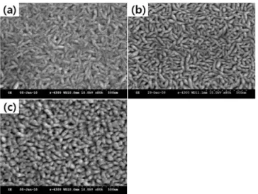 Fig. 7. X-ray diffraction patterns of Mo thin films deposited by varying gas pressure (a) 1.7 mTorr, (b) 5 mTorr, and (c) 8 mTorr; deposition conditions: DC power of 60 W; Ar gas of 50 sccm; distance between target and substrate of 7.5 cm.