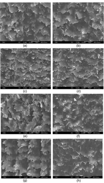 Fig. 7. FE-SEM images of PLA which has been processed for different ECAE passes. (a)PLA, (b)PLA-P1, (c)PLA-P2A,  (d)PLA-P2BC, (e)PLA-P2C, (f)PLA-P4A, (g)PLA-P4BC, (h)PLA-P4C.