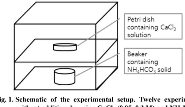 Fig. 1. Schematic of the experimental setup. Twelve experiments without additives by using CaCl 2  (0.05~0.3 M) and NH 4 HCO 3 (10, 20 g)