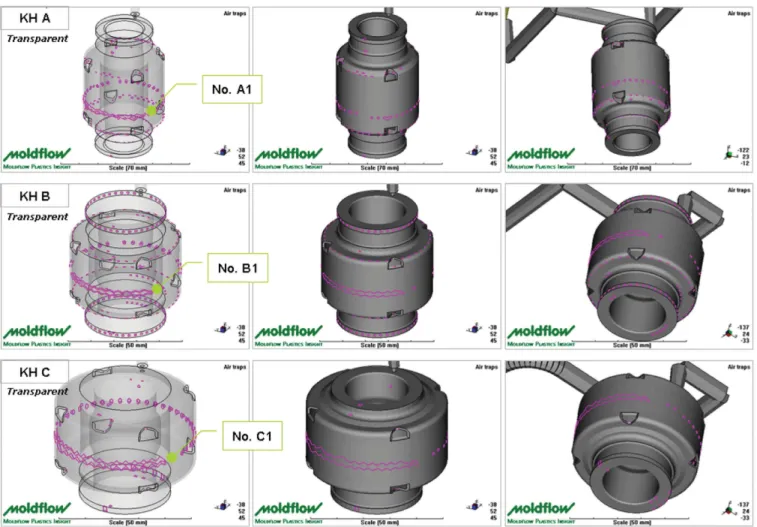 Fig. 15. Filling pattern of damper A(left), damper B(center) and damper C(right). 