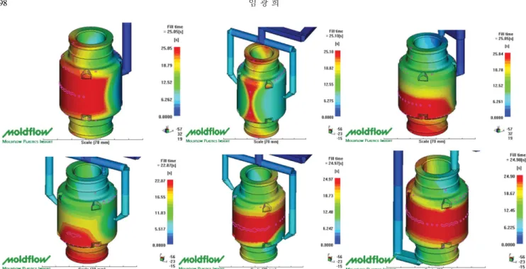 Fig. 18. Filling pattern of type A damper: case 1(upper left); case 2(upper center); case 3(upper right); case 4(lower left); case 5(lower center);