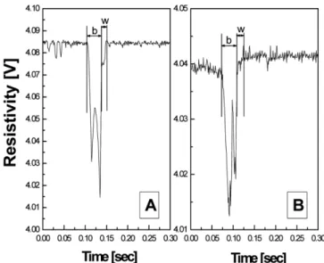 Fig. 3. Typical examples of multi-bubbles and wake regions in a slurry bubble column(A: U G =0.04 m/s, S c =5 wt% B: U G = 0.12 m/s, S c =5 wt%).