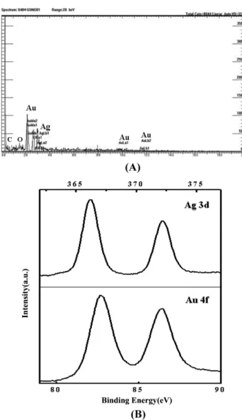 Fig. 3. Characterization of Au/Ag bimetallic nanoparticles. (A)Spot profile EDS spectrum and (B)XPS spectrum