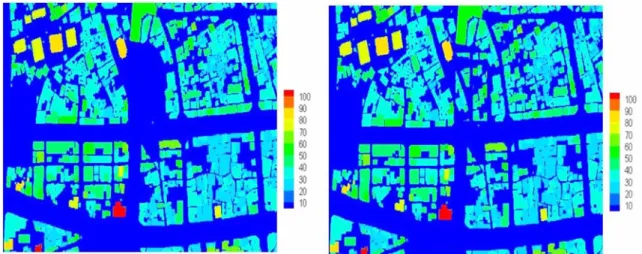 Fig. 2. Two model building layouts: with park area(left) and without park area(right).