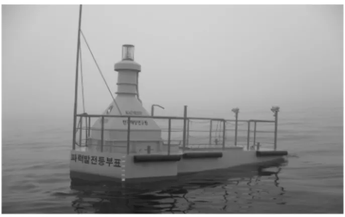 그림 19. 150W 등부표용 파력발전장치의 실해역 시험 그림 20. 250kW 월파형 파력발전장치 설치 개념도 그림 21. 250kW 월파형 파력발전장치 단지 개념도 4