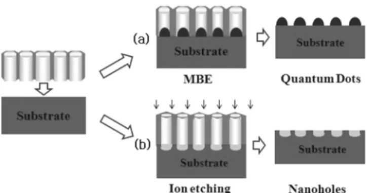 Fig. 6. Fabrication of quantum dot by using nanoporous alumina mask; (a) SEM image of nanoporous alumina mask and AFM images(scale: 1 µm × 1 µm) (b) of the one-dimensional and (c) of the three-dimensional CdTe quantum dots were grown on GaAs substrate by m