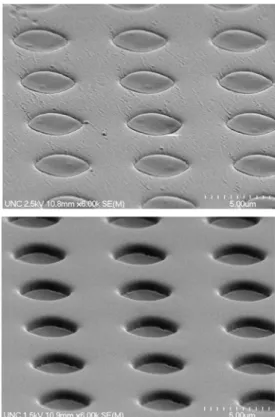 Fig. 6. PEG/AETMAC/AEM/fluorescein-o-acrylate particles formed by photo polymerization, (a) and (b) the particles into the mold, (c) the particles on the substrate