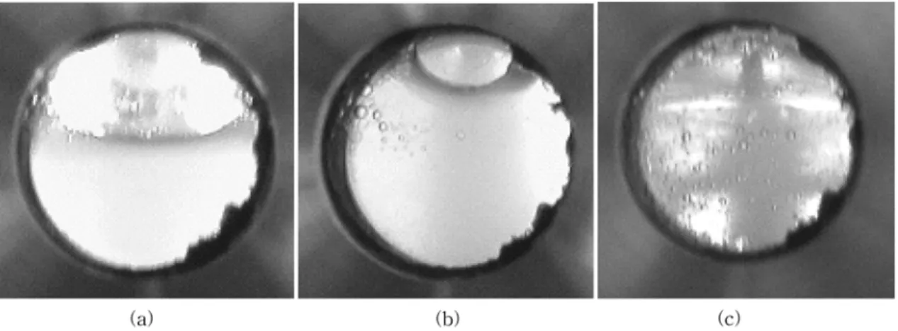 Fig. 6. SEM images of plating solution blending 10 vol% supercritical CO 2  with a varying pressure at 25 o C [(a): 9 MPa, (b): 13 MPa, and (c) 15 MPa].