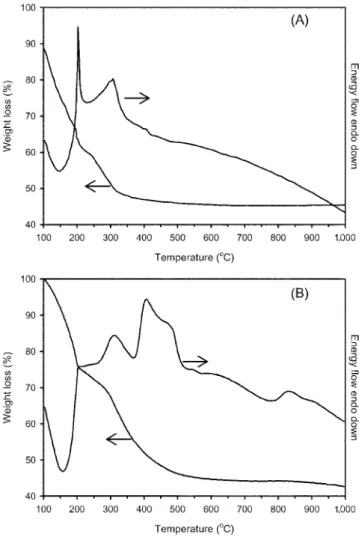 Fig. 1. TG/DTA profile of Sr 0.5 La 0.5 MnAl 11 O 19 -b(A) and Sr 0.5 La 0.5 MnAl 11 O 19 -e (B) precursor.