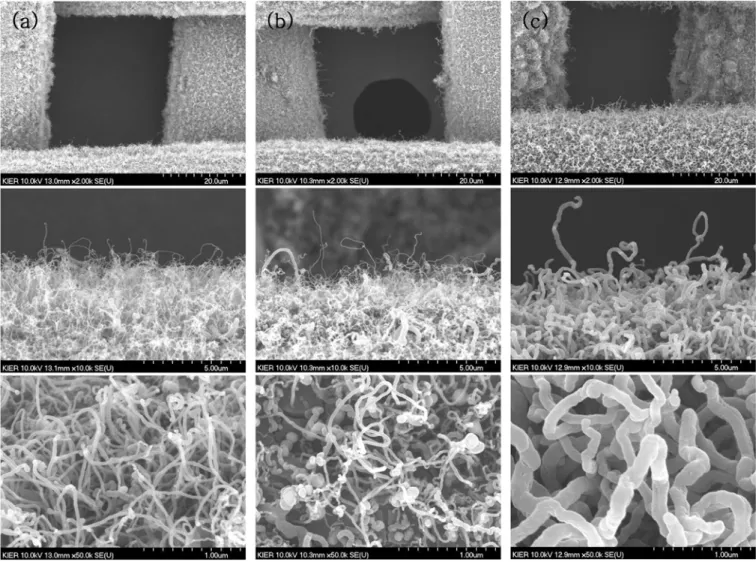 Fig. 8. SEM images of carbon nano-materials grown from catalytic sites or particles on meshes activated by the reduction with H 2  gas of different flow rates, (a) 200 sccm, (b) 400 sccm, and (c) 600 sccm, mixed with Ar gas of 1000 sccm at 600 o C during 1