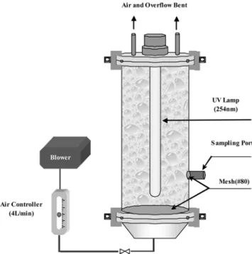 Fig. 1. Schematic diagram of the photocatalytic batch-type reactor. Fig. 2. TGA and derived weight curves of Ti-SPAC.