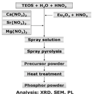 Fig. 1. Flow diagram for the preparation of (Ca,Sr) 2 MgSi 2 O 7 :Eu 2+  phos- phos-phor particles by spray pyrolysis.