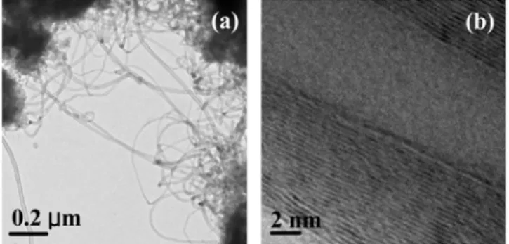 Fig. 6. Low(a) and high (b) resolution TEM images of CNTs using Fe-MCM-41 catalyst.