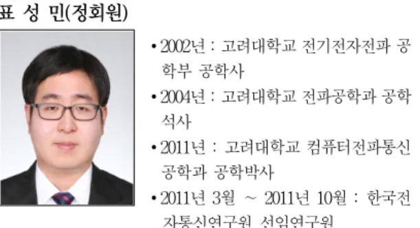 표 성 민(정회원)  ∙2002년  :  고려대학교  전기전자전파  공 학부  공학사 ∙2004년  :  고려대학교  전파공학과  공학 석사 ∙2011년  :  고려대학교  컴퓨터전파통신 공학과  공학박사 ∙2011년  3월  ∼ 2011년  10월  :  한국전                                            자통신연구원  선임연구원 ∙2011년  11월  ∼ 2013년  2월  :  국방과학연구소  선임연구원  ∙2013년